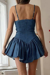 Casual Solid Color Patchwork Pleated Square Neck Sling Dresses
